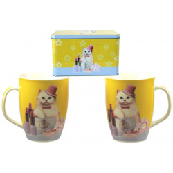 Set de 2 Mugs Chat en porcelaine dans boîte métal