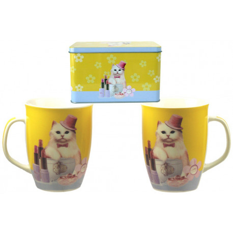 Set de 2 Mugs Chat en porcelaine dans boîte métal