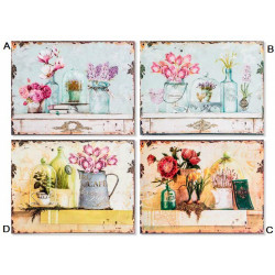 Tableau métal Fleurs dans vase décor rétro 