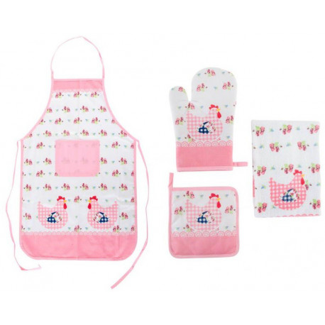 Set de 4 : Tablier de cuisine avec poche + gant + manique + torchon décor Poule