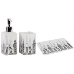 Set de 3 accessoires bain céramique : Distributeur savon + Porte brosses à dents + Porte savon décor villes