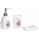 Set de 3 accessoires bain porcelaine : Distributeur savon + Porte brosses à dents + Porte savon décor Roses et papillon
