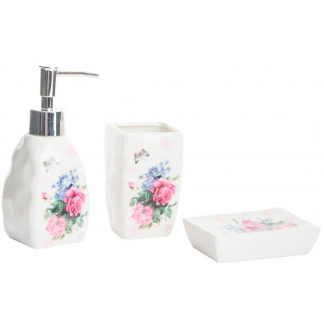 Set de 3 accessoires bain porcelaine : Distributeur savon + Porte brosses à dents + Porte savon décor Roses et papillon