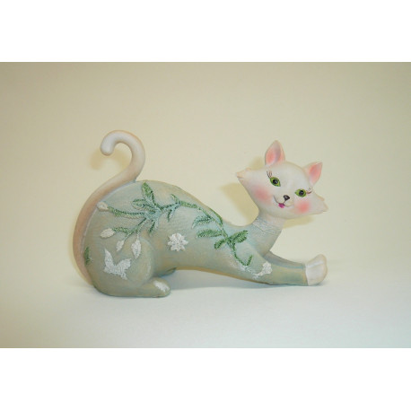 Statuette Chat décor fleurs et papillon - 14,5 cm