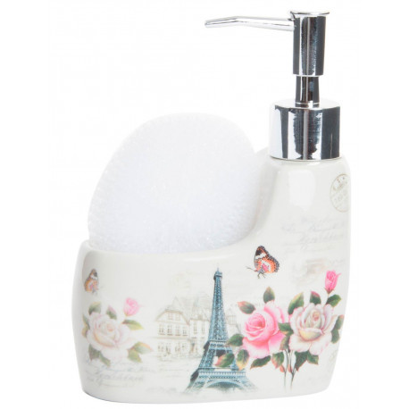 Distributeur à savon avec Porte éponge décor Tour Eiffel et roses