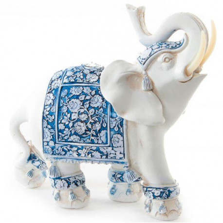 Figurine Eléphant ethnique blanc décor bleu - 16 cm