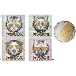 Tableau toile Chien / Chat Rock - paillettes - 40 x 40 cm