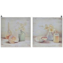 Tableau bois Fleurs dans vase et Coquillage - 30 x 30 cm
