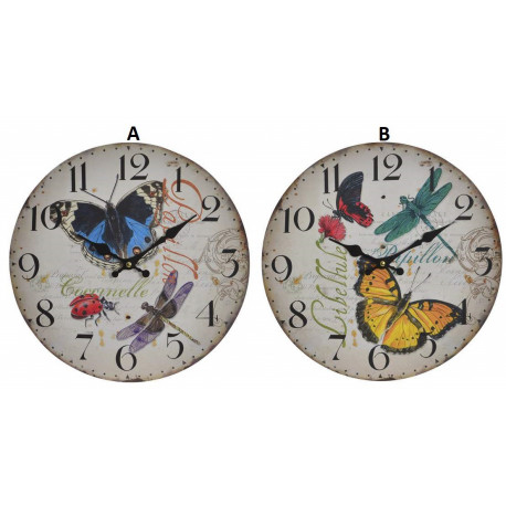 Horloge murale bois Papillon et Libellule - 34 cm