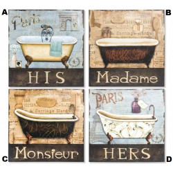 Tableau métal Baignoire - Salle de bain - vintage - 30 x 30 cm