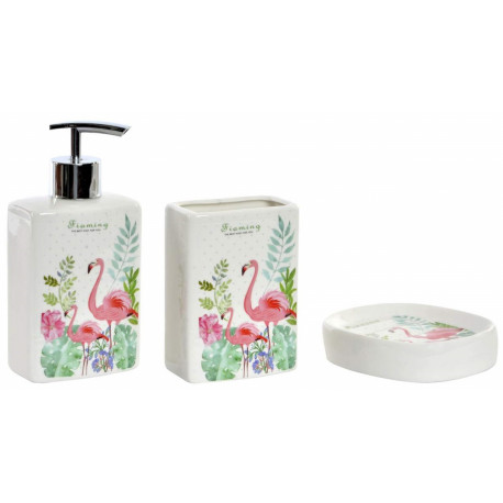 Set de 3 pièces Salle de bain porcelaine Flamant rose - oiseau exotique