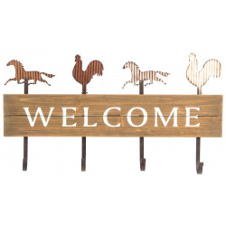 Porte Manteau mural bois Campagne - Coq et Cheval - " Welcome " - 60 cm