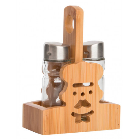 Set Salière + Poivrière verre dans support bois déco Chef cuisinier