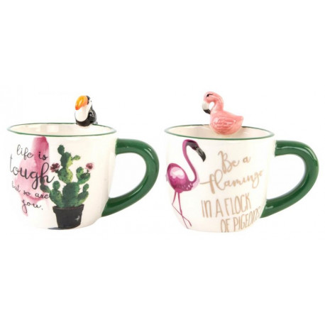 mug Flamant rose et Toucan - oiseau exotique 3D en céramique