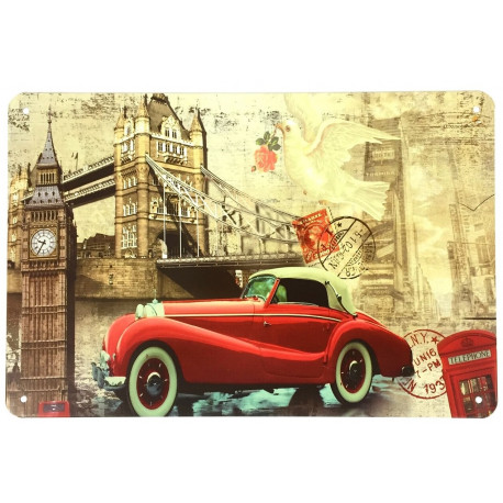 Plaque murale métal Voiture vintage - Big Ben - Pont de Londres - 30 x 20 cm