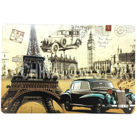 Plaque murale métal Voiture - Europe - Paris - Londres - Berlin - rétro - 30 x 20 cm