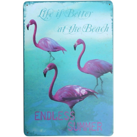 Plaque murale métal Flamant rose - oiseau exotique - 30 x 20 cm