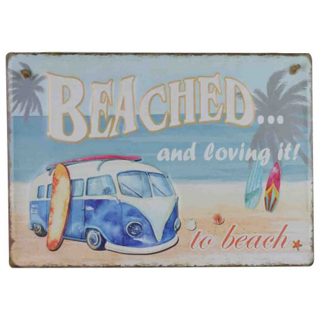 Plaque murale métal relief Van surf vintage - Plage - Vacances - 40 x 30 cm