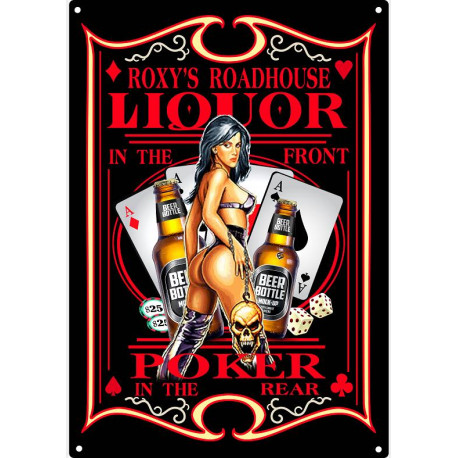 Plaque murale métal relief Pin up - pub " Roxy's Roadhouse " - Liqueur - Alcool - 40 x 30 cm