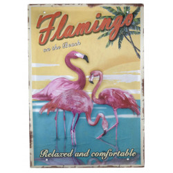 Plaque murale métal relief Flamant rose - oiseau exotique - 40 x 30 cm