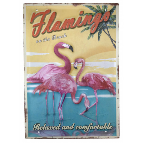 Plaque murale métal relief Flamant rose - oiseau exotique - 40 x 30 cm