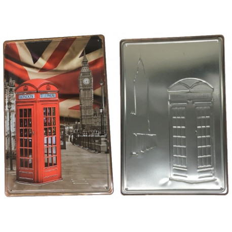 Plaque murale métal relief Cabine téléphonique Londres - Big Ben - vintage - 30 x 20 cm