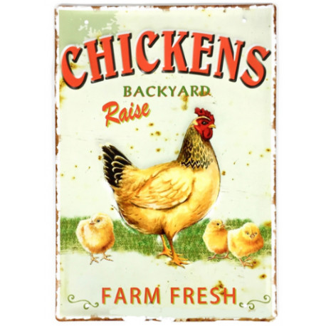 Plaque murale métal relief Poulets - Poule et poussins - pub Ferme - vintage - 40 x 30 cm