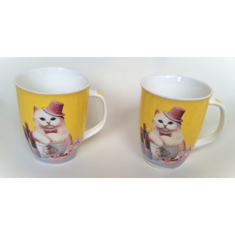 Set de 2 Mugs Chat en porcelaine dans boîte métal