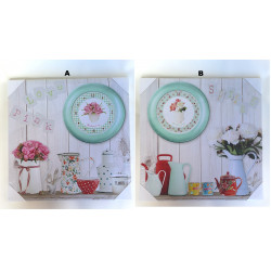 Cadre toile Fleurs dans pot et Horloge - 40 x 40 cm