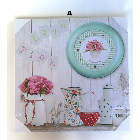 Cadre toile Fleurs dans pot et Horloge - 40 x 40 cm