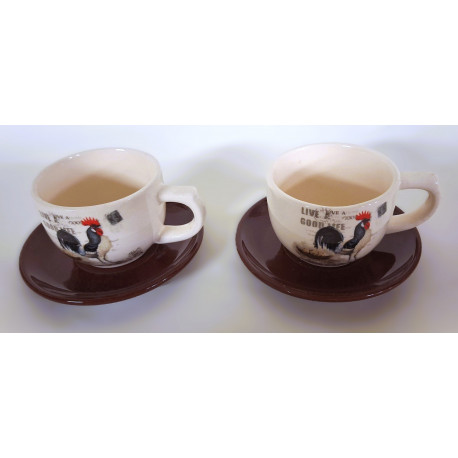 Lot de 2 Tasses + soucoupes Coq en céramique