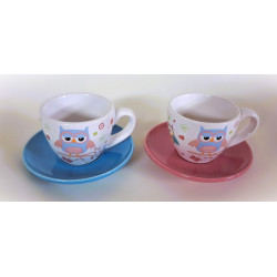 Lot de 2 Tasses + soucoupes Hibou en céramique