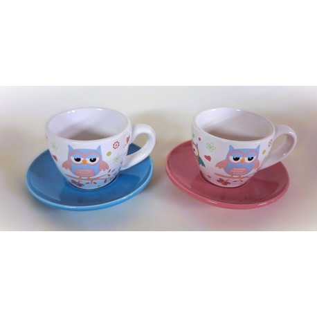 Lot de 2 Tasses + soucoupes Hibou en céramique