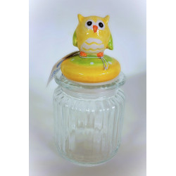 Bocal verre avec couvercle figurine Hibou porcelaine - H. 15 cm