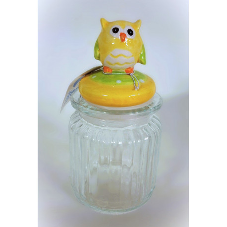 Bocal verre avec couvercle figurine Hibou porcelaine - H. 15 cm