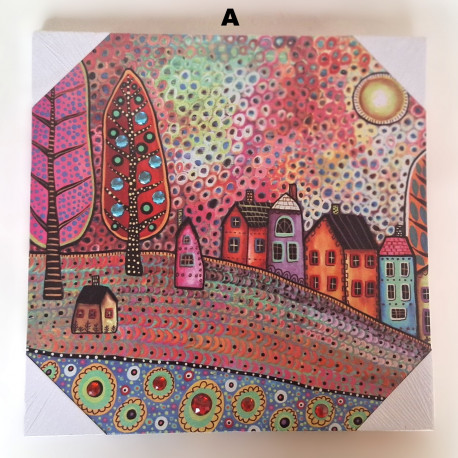 Tableau toile Arbres et Maisons avec strass - 30 x 30 cm