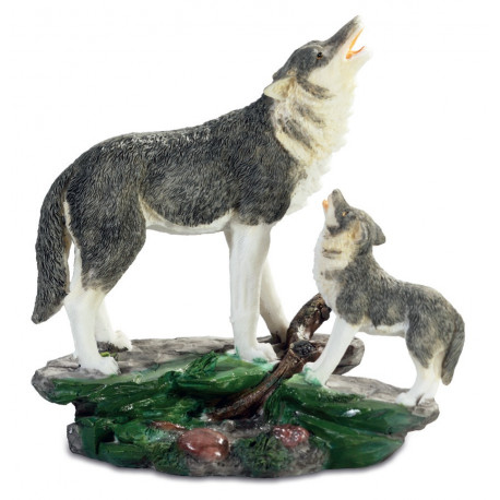 Statuette Loup avec louveteau - 19 cm