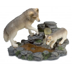 Statuette Loup avec Louveteau rivière - 14 cm